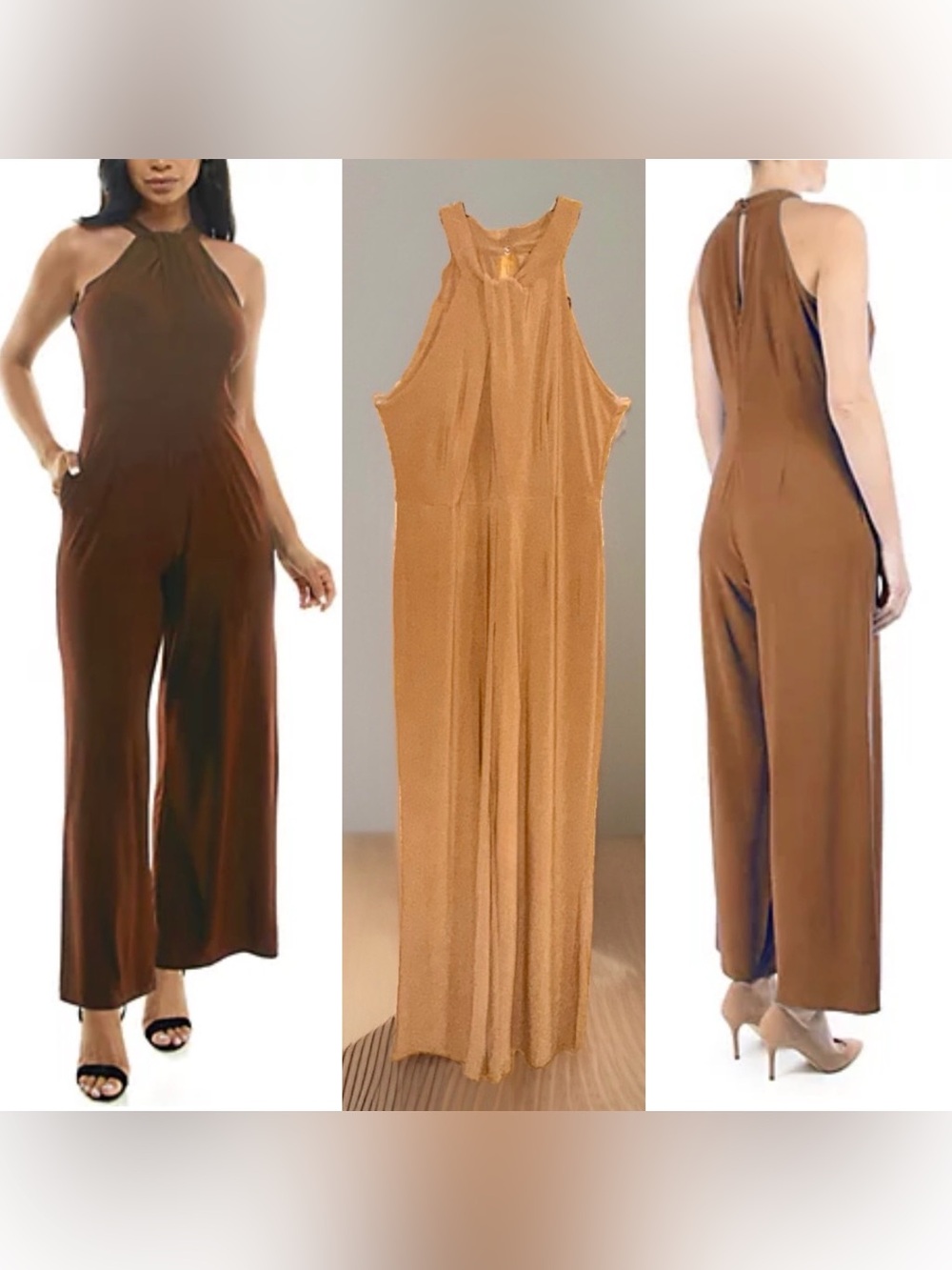 NWT Nina Leonard Twistneck Jumpsuit in Cognac-M